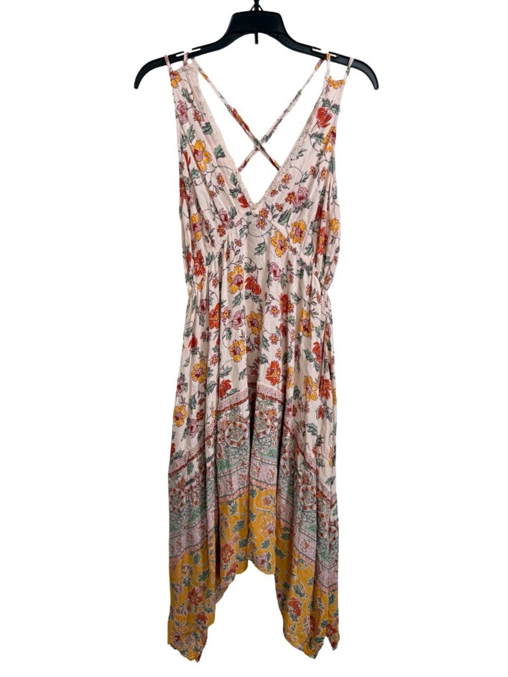 Angie Dress Large Cream Multicolor Floral Handkerchief Midi Boho Crochet